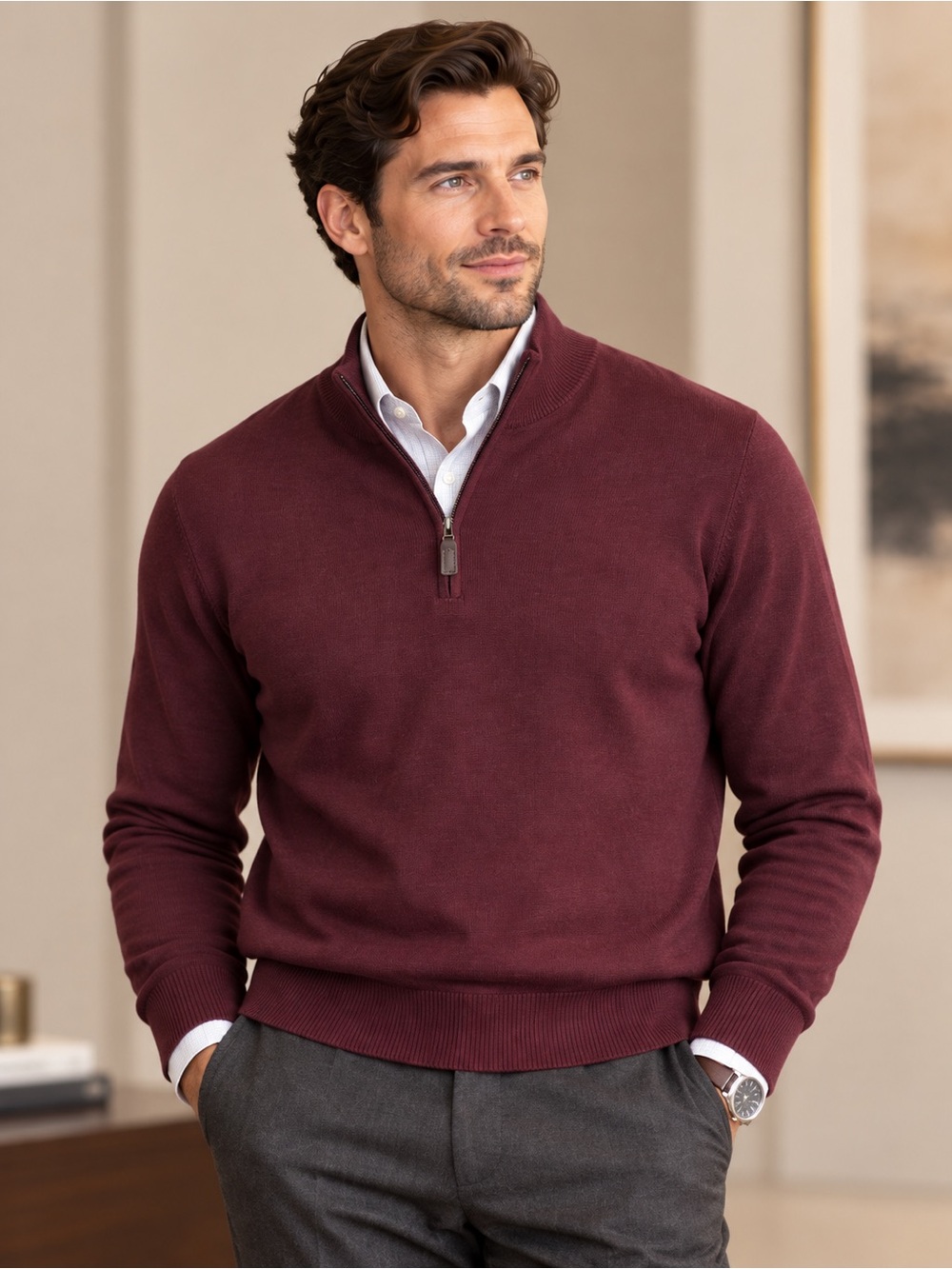 Joseph A Bank Travelers Merino Wool Merlot Quarter Zip Sweater Luxury Preppy
